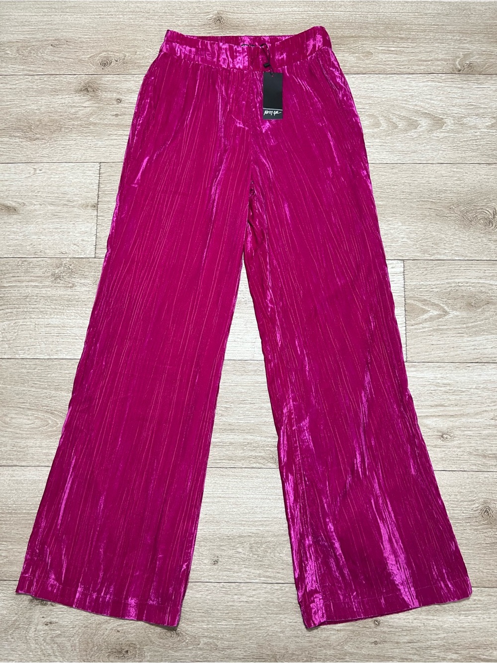 NWT NastyGal Crushed Velvet High-Rise Wide Leg Trouser Hot Pink Size 6 (26x32)